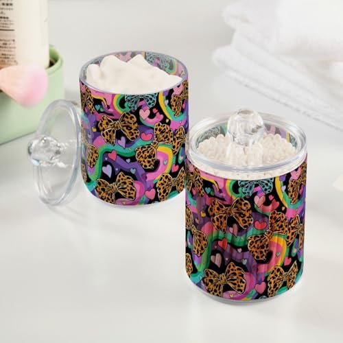 Gredecor 2 Pack Qtip Holder Clear Leopard Bows Heart Apothecary Jars with Lids Acrylic Bathroom Jars Vanity Countertop Canister Storage Organizer for Cotton Ball,Swabs,Pads,Floss