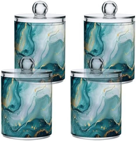 Abstract Turquoise Pattern Qtip Holder 4 Pack - 10 Oz Clear Plastic Apothecary Jar Set for Bathroom Organization - Versatile Canister Storage for Cotton Balls, Swabs, Rounds