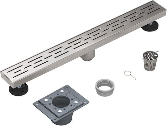 Shower Drain by EMBATHER Linear Shower Drain 18 Inch Floor Drain with Removable Quadrato Pattern Grate CUPC Certified, 304 Stainless Shower Drain Base Hair Strainer and Leveling Feet