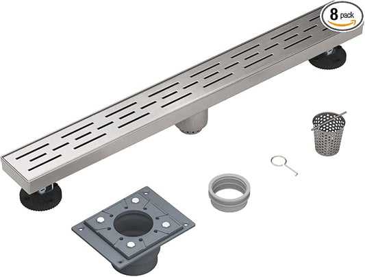 EMBATHER 24 Inches Linear Shower Drain with Removable Pattern Grate, CUPC Certified, 304 Stainless Steel Floor Drain and Shower Drain Base Included Hair Strainer and Leveling Feet, Brushed Nickel