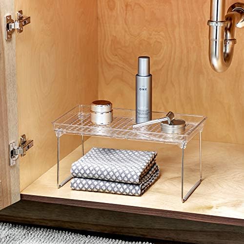 madesmart Medium Stacking Shelf, Organizer for Spices, Make-Up, Bottles & Jars, Collapsible Legs for Cabinet or Counter Storage, Clear