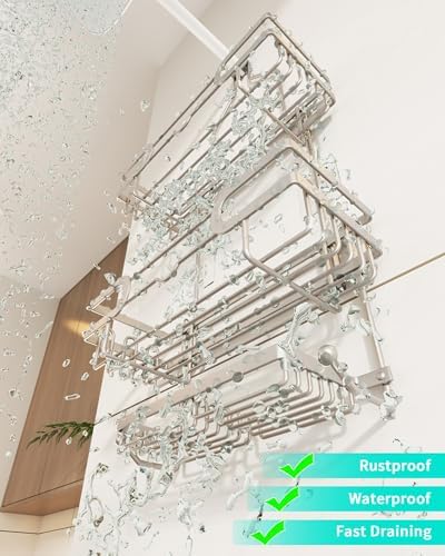 HapiRm Bathroom Hanging Shower Caddy - Rustproof Shower Shelf with 12 Hooks and 2 Soap Holders, No Drilling Bathroom Organizers and Storage - Brushed Nickel