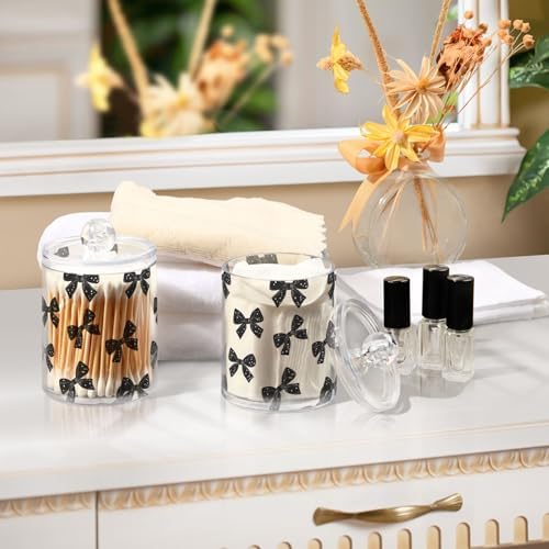 ALAZA Black Bow with Polka Dots 2 Pack Qtip Holder Dispenser for Cotton Swabs, Balls, Pads, Floss 10 oz Plastic Canister Organizer