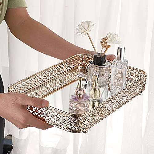 ELLDOO Gold Mirror Glass Perfume & Makeup Vanity Tray, Medium Size