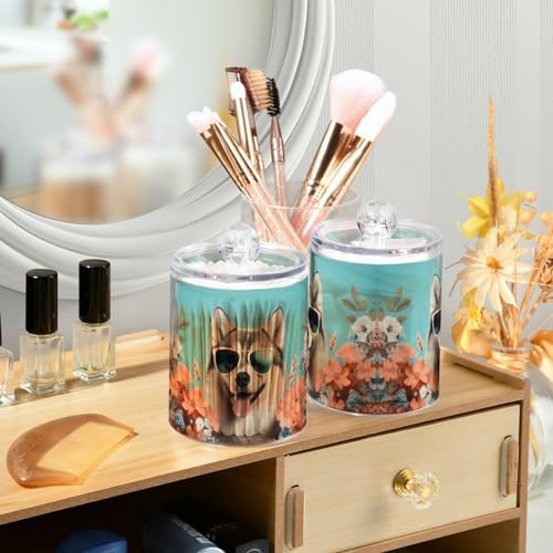 MNSRUU 2 Pack Qtip Holder Organizer Dispenser Cute Dog Siberian Husky Pink Bathroom Storage Canister Cotton Ball Holder Bathroom Containers for Cotton Swabs/Pads/Floss