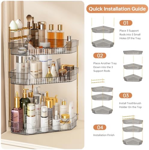 Corner Bathroom Counter Organizer with Makeup Brush Holder & Toothbrush Holders, Makeup Organizer for Vanity Countertop, Acrylic Skincare Storage Shelf (Grey, 3-Tier)