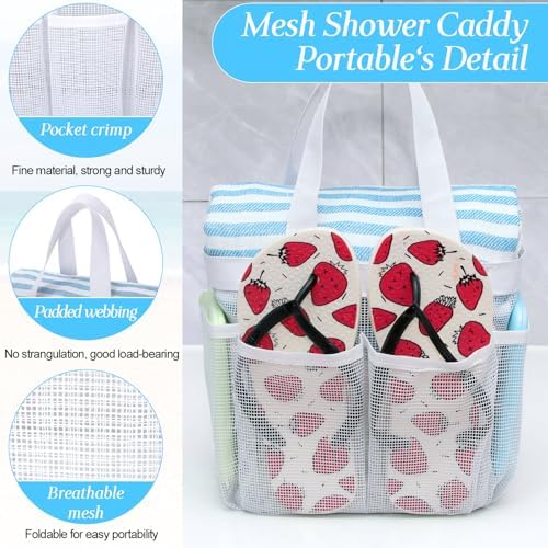 8 Packs Large Mesh Shower Caddy with 8 Pocket and Handle, White
