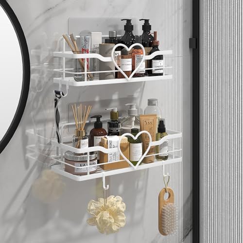White Heart Shower Caddy,No Drilling Adhesive Shelves,2 Pack