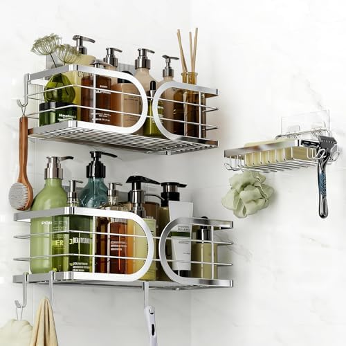 Shower Caddy 3 Pack with Soap Holder No Drill Wall Mounted 304 Stainless Steel Durable Large Capacity Adhesive Shower Rack Organiser Quick Dry Rustproof Bathroom Storage Shelves(Silver)