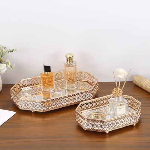 Hipiwe Gold Vanity Perfume Tray for Dresser, Glass & Hollow Carved Metal