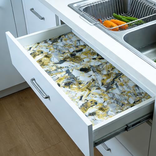 Drawer and Shelf Liner - Yellow Black Marble Pattern,Non Adhesive