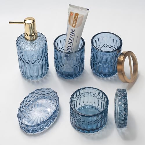 IVAILEX 5PCS Blue Glass Bathroom Accessories Sets of Lotion Dispenser, Soap Dish, Toothbrush Holder, Tumbler, Cotton Swab Jars, Modern Bath Decor, Vintage Gift