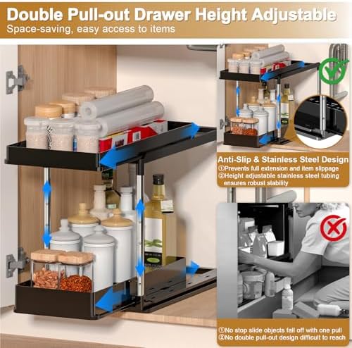 NIUXX Expandable Under Sink Organizer: 2 Tier Height Adjustable