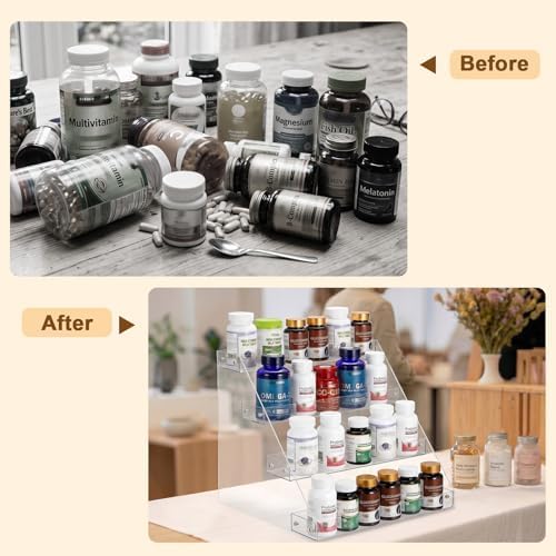 BSTKEY 4 Tier Vitamin Bottles Organizer, Acrylic Widen Tiered Tray for Medicine Bottle Prescription Bottles, Pill Bottle Organizer, Spice Rack Shelf Vanity Storage for Cabinet Kitchen Countertop