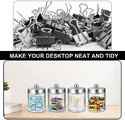 4 Pack Qtip Holder, Canister Apothecary Jar Set, Clear Plastic Apothecary Jar Containers, Bathroom Jars with Lids Set for Cotton Swabs, Balls, Pads, Floss Picks (Silver)