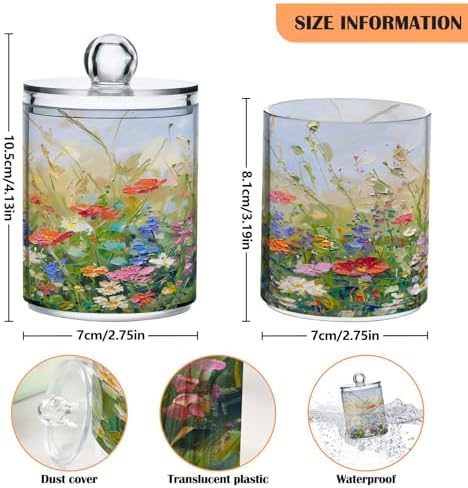 ALAZA Wildflower Watercolor Oil Painting 2 Pack Qtip Holder Dispenser for Cotton Swabs, Balls, Pads, Floss 10 oz Plastic Canister Organizer