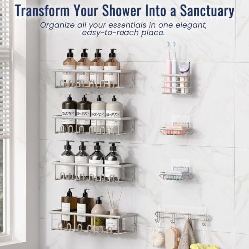 8 Pack Adhesive Rustproof Shower Caddy with Soap Dishes, Toothbrush Holder & Hooks, Large Capacity No-Drilling Shower Shelves Rack for Bathroom Organizers and Storage Accessories, Light Gray