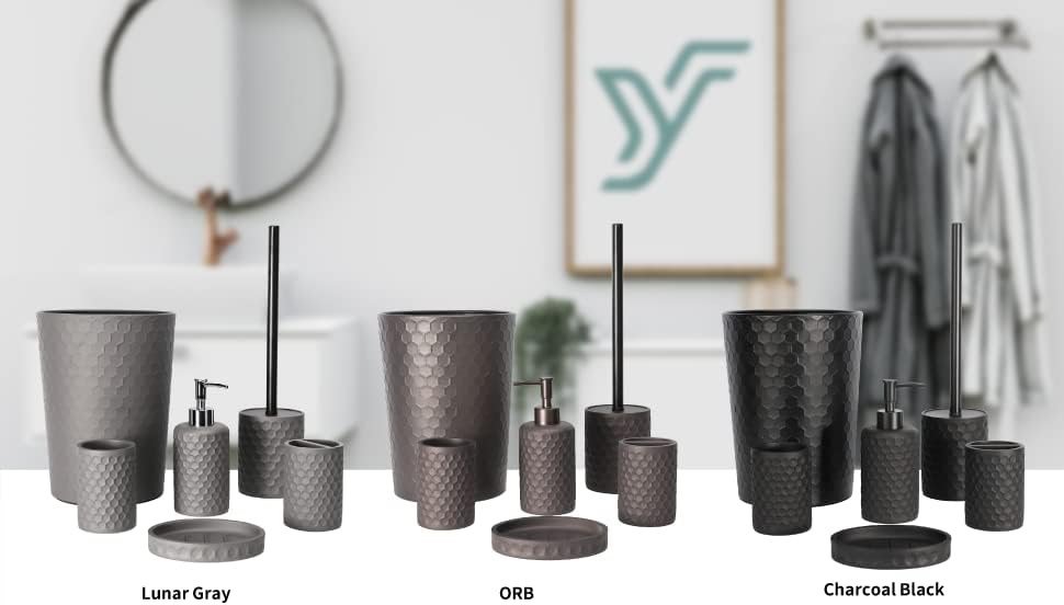 zccz Bathroom Accessory Set, 6 Piece Grey Bathroom Accessories Set with Trash Can, Toothbrush Holder, Toothbrush Cup, Soap Dispenser, Soap Dish, Toilet Brush with Holder, Trash Can, Light Gray
