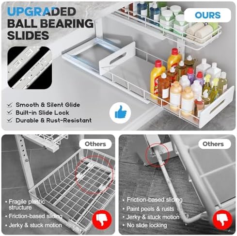Under Sink Organizer Upgrade To Professional Rails,2-Tier Dual Pull Out Cabinet Storage,Height Adjustable Slide Out Drawers For Bathroom Kitchen,2 Pack-21"Dx12.8"-16.9"H,White