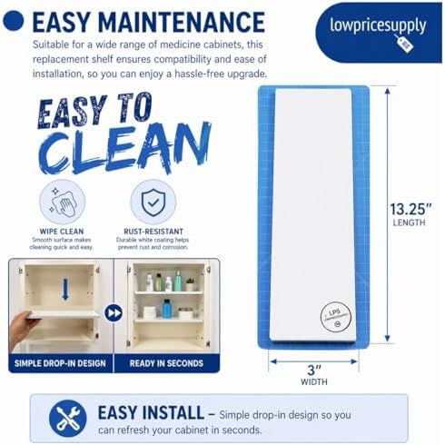 Replacement Medicine Cabinet White Metal Shelf, Bathroom Shelf Insert Universal Cabinet Shelf Vanity Cabinet Shelf OrganizerBahtroom Shelf Replacement 13.25" x 3"