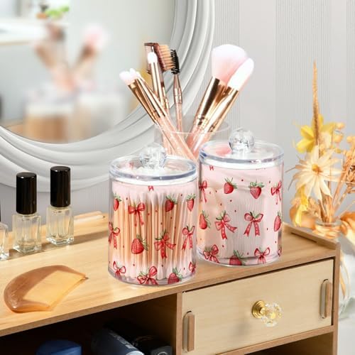 ALAZA Strawberry Bow Polka Dots 4 Pack Qtip Holder Dispenser for Cotton Swabs, Balls, Pads, Floss 10 oz Plastic Canister Organizer