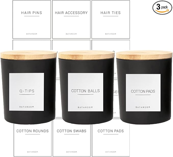 3PCS Modern 13.53oz Black Bathroom Canisters with 12 Labels & Wooden Lid Thick Glass Jar Set Qtip Holder for Cotton Ball & Pads Storage Organization Minimalist Decor