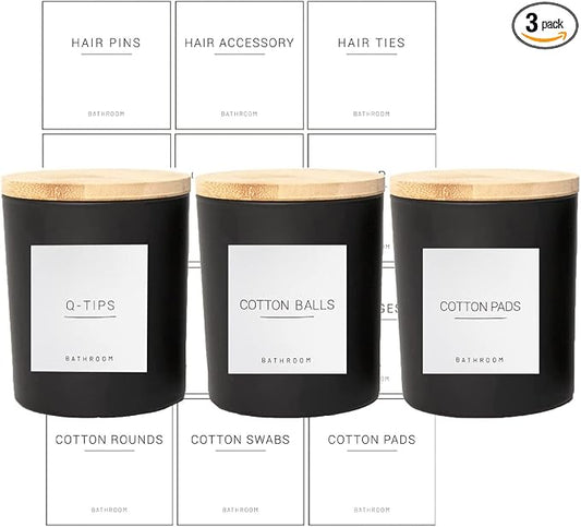3PCS Modern 13.53oz Black Bathroom Canisters with 12 Labels & Wooden Lid Thick Glass Jar Set Qtip Holder for Cotton Ball & Pads Storage Organization Minimalist Decor