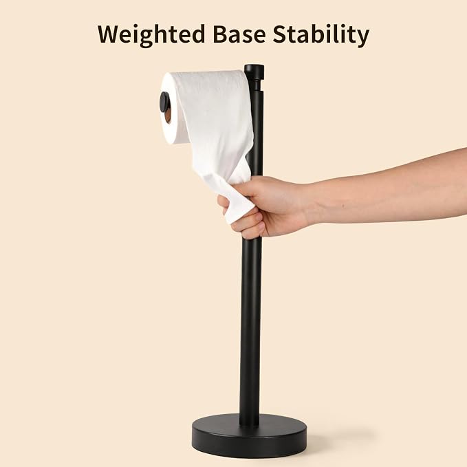Toilet Paper Holder Stand with Weighted Base, Matte Black | Stainless Steel Design with Open-Arm Access for Bathrooms and Powder Rooms