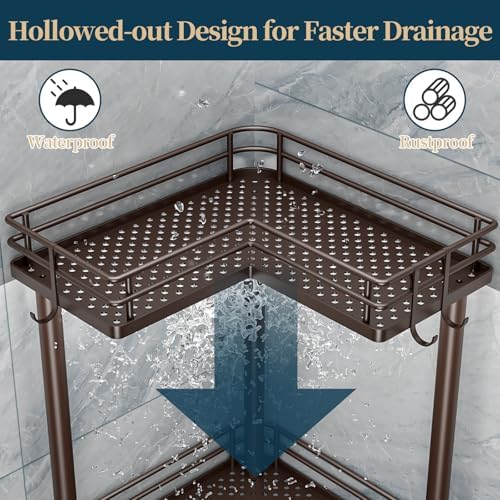 Consumest Corner Shower Caddy Standing - 4-Tier Stainless Steel Shower Organizer with Soap Holder and 4 Hooks, Large Capacity Corner Shelf Stand for Bathroom, Rest Room, Bronze