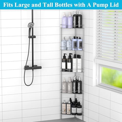 HuggieGems Metal Floor Standing Corner Shower Caddy, Gray, 5 Tier