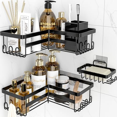 StorageRight Corner Shower Caddy, Adhesive Shower Organizer with Hooks