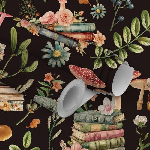 Adhesive Shelf Liner,Boho Floral Shelf Contact Paper for Cabinets,Vinyl Film Decorative Drawer Liners for Dresser Sticker (Black Boho Floral, 17.3 inch x 118 inch)