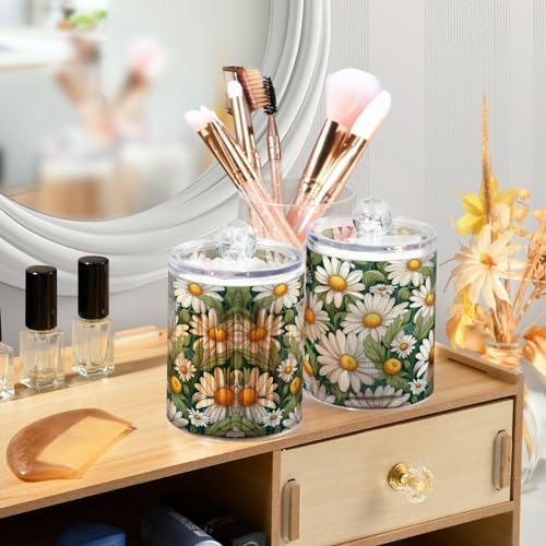 Daisies Pattern Qtip Holder 2 Pack - 10 Oz Clear Plastic Apothecary Jar Set for Bathroom Organization - Versatile Canister Storage for Cotton Balls, Swabs, Rounds