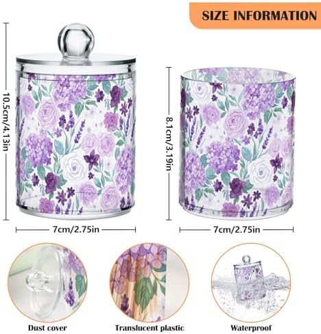 ALAZA Violet Hydrangea Flower Cartoon 2 Pack Qtip Holder Dispenser for Cotton Swabs, Balls, Pads, Floss 10 oz Plastic Canister Organizer