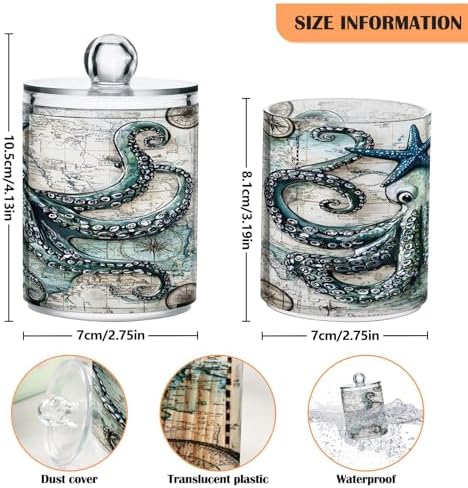 ALAZA Compass Kraken Starfish World Map 4 Pack Qtip Holder Dispenser for Cotton Swabs, Balls, Pads, Floss 10 oz Plastic Canister Organizer