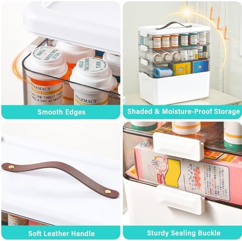 Homaigie Extra Tall 4-Tier Medicine Cabinet Organizer for Medicine Bottles Organizer, Portable Medicine Storage Box with Leather Handle, Empty First Aid Kit Container for Home, Classroom