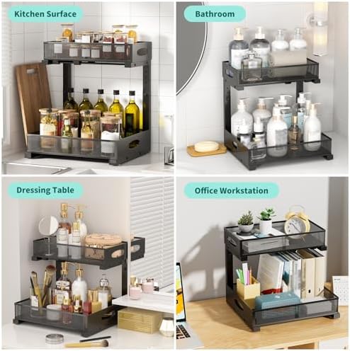 Under Sink Organizer, Extra-Wide Upgrade, 1-Pack of 2-Tier Metal Slide Out Cabinet Organizer, Height Adjustable Organization and Storage Series, Bathroom/Cabinet/Kitchen organization, Black