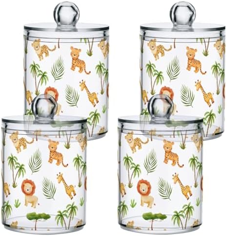 Safari Animals Qtip Holder 2 Pack - 10 Oz Clear Plastic Apothecary Jar Set for Bathroom Organization - Versatile Canister Storage for Cotton Balls, Swabs, Rounds