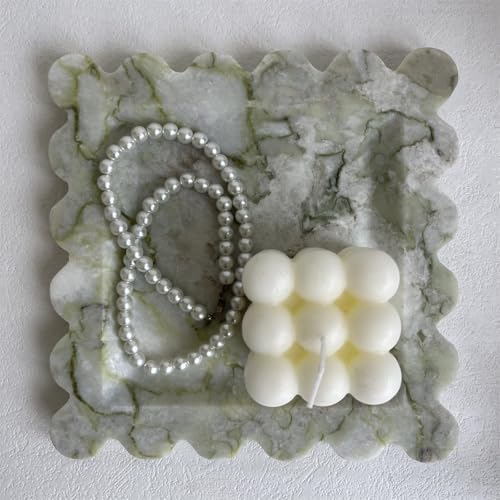 Vintage Natural Marble Tray Small Ornaments Scalloped Tray Handmade Storage Dish for Counter, Vanity, Dresser, Nightstand and Desk (Green Emerald)