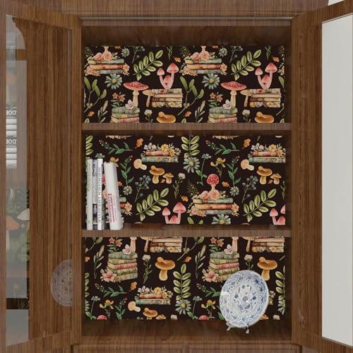 Adhesive Shelf Liner,Boho Floral Shelf Contact Paper for Cabinets,Vinyl Film Decorative Drawer Liners for Dresser Sticker (Black Boho Floral, 17.3 inch x 118 inch)