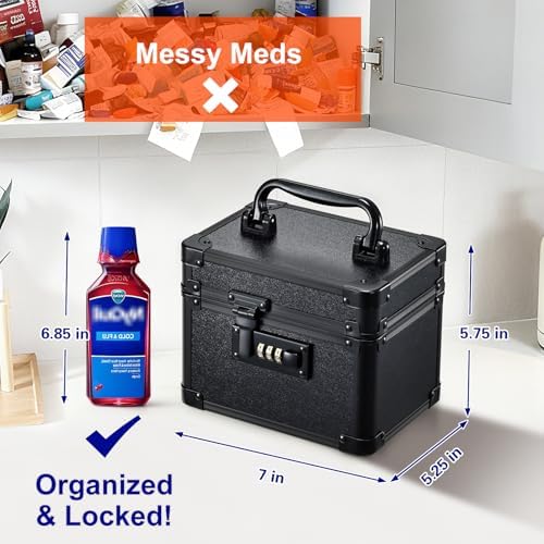 Black Medicine Lock Box - 7" Medication Lock Box & Lockable Storage Box for Personal Items - Secure Medicine Storage Box with 3-Digit Combination Lock - Aluminum Small Lock Box for Home Travel