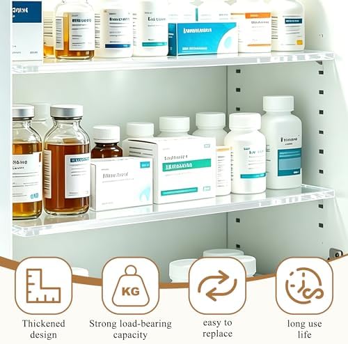 Windspeed 4Pcs 13x3 inch Acrylic Medicine Cabinet Shelf Replacement for Cabinet Medicine Shelf Wall Mounted for Kitchen Living Room Bathroom Organization, with 160 Labels, Pen, Wiping Cloth