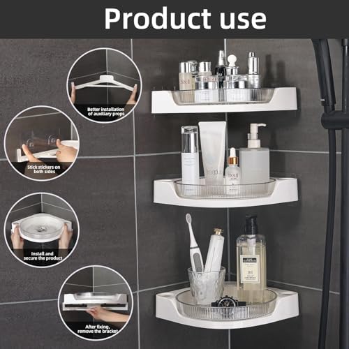 akinbas Corner Shower 3 Tier Caddy Lazy Susan Organizer 360 Rotating Corner Shelf Wall Mounted with No Drilling Shelves for Bathroom Dorm and Kitchen (White)