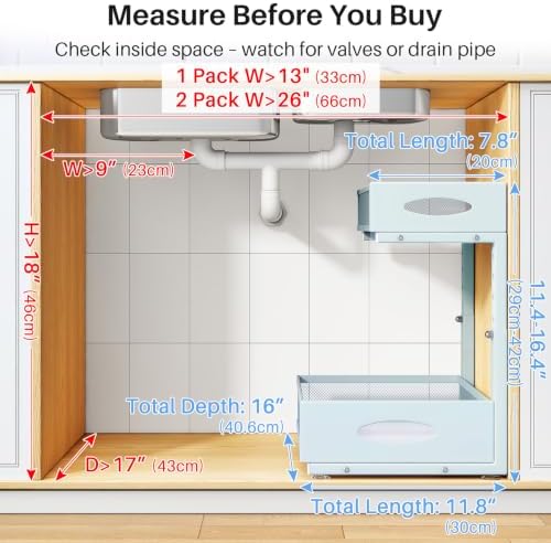 Under Sink Organizer, 2 Pack 2 Tier Pull Out Under Cabinet Organizer Shelf with Pad for Framed Cabinets, Metal Slide Out Under Sink Storage, Mesh Sliding Drawers for Kitchen Bathroom Laundry, Blue
