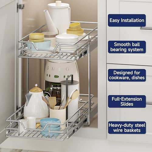 2-Tier Pull Out Cabinet Organizer, 11.5" W x 21.5" D, Heavy Duty Dual Slide Out Shelves for Narrow Base Cabinets, Chrome Wire Basket Drawer for Spices, Bottles & Snacks