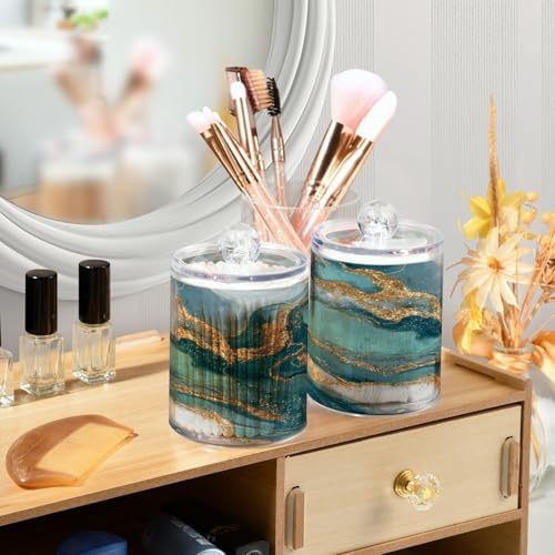 MNSRUU 4 Pack Qtip Holder Organizer Dispenser Teal Green Modern Fluid Art Bathroom Containers Bathroom Vanity Storage Canister Apothecary Jars for Cotton Swabs/Pads/Floss