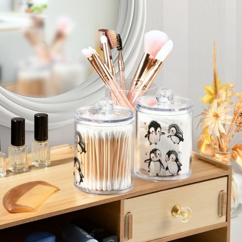Fustylead 4 Pack Cute Hand Draw Cartoon Penguins Plastic Apothecary Jar Set for Cotton Swab, Ball, Pad, Floss, Qtip Holder Dispensers for Bathroom Storage Organizer