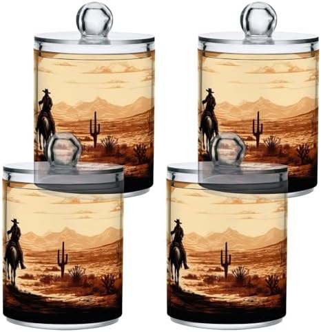 2 Pack Apothecary Jars Bathroom Vintage Western Cowboy Qtip Holder Dispenser Clear Plastic Storage Canister Jar with Lid for Cotton Ball, Cotton Swab