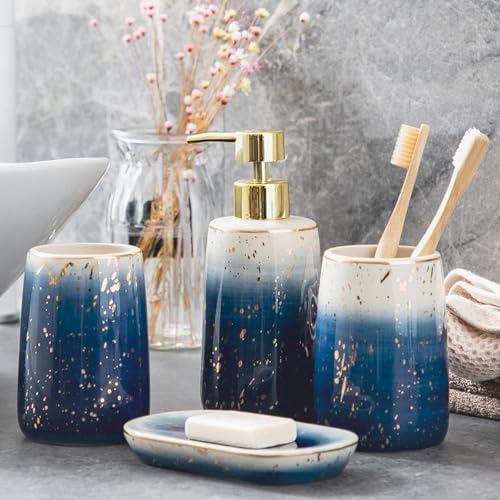 MilkyWay Bathroom Accessories Set, 4 Pcs Marble Pattern Bathroom Sets Accessories with Soap Dispenser, Toothbrush Holder, Bathroom Tumbler, Soap Dish for Birthday Housewarming Gift Home Decoration