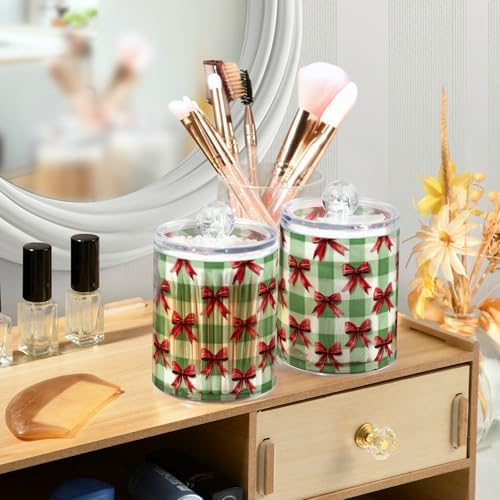 Gredecor 4 Pack Qtip Holder Clear Green Plaid with A Red Bow Apothecary Jars with Lids Acrylic Bathroom Jars Vanity Countertop Canister Storage Organizer for Cotton Ball,Swabs,Pads,Floss